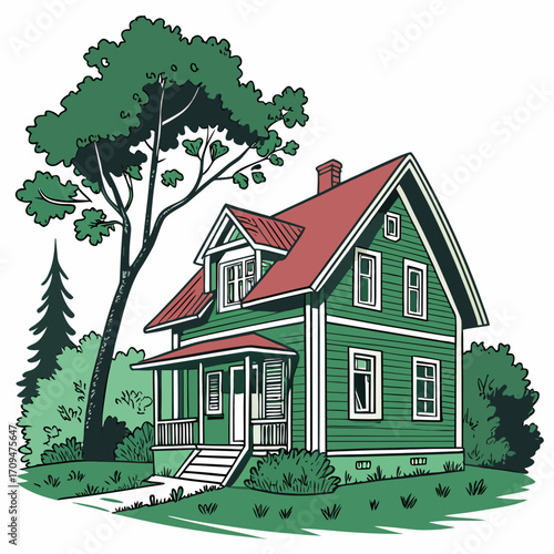 Illustration of a cozy green house with a red roof, surrounded by trees and greenery, creating a picturesque and inviting scene