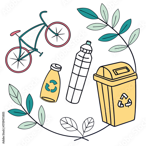 Illustration of ecofriendly transportation and recycling items surrounded by leaves, , promoting sustainable living and environmental awareness