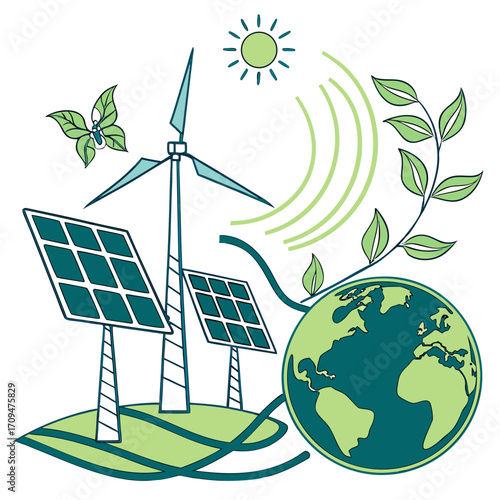 Illustration of renewable energy sources, including solar panels, a wind turbine, and the earth, representing sustainable power generation