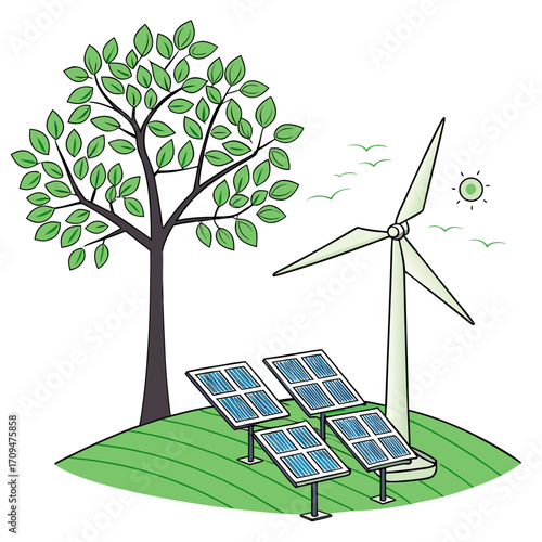 Illustration of renewable energy sources on a hill, featuring solar panels, a wind turbine, and a tree, symbolizing sustainable energy