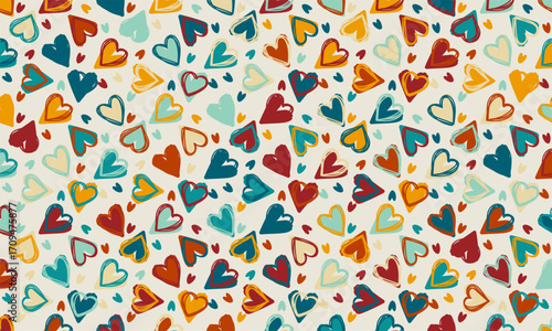 Pattern of colorful grunge hearts with distressed texture, retro romantic design for love theme, valentine decoration, and creative background.