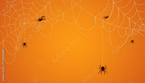 Orange background with spider web and crawling spiders, spooky decorative design for Halloween theme, party invitation, and creative projects.