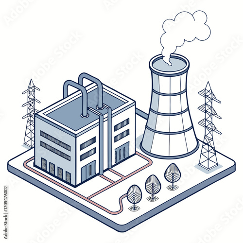 Isometric nuclear power plant clean energy production with cooling towers and reactors sustainable electricity generation for a greener future