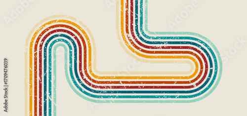 Retro curved multicolor stripes vector background with vintage grunge texture, perfect for 70s style posters, wallpapers, and creative graphic design.