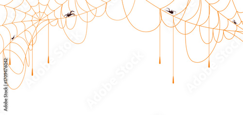 Orange spider web with crawling spiders on white background, spooky decorative border design for Halloween theme, invitations, and creative projects.