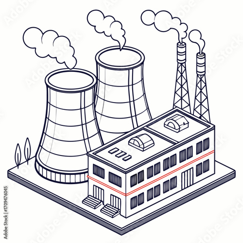 Isometric nuclear power station industrial complex with reactors and cooling towers sustainable energy production for a cleaner environment