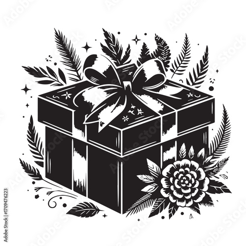 Black Gift Box Silhouette Vector Illustration design, Solid White Background