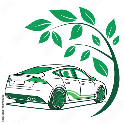 Illustration of a white electric car parked under a green tree, symbolizing ecofriendly transportation and a commitment to a sustainable environment