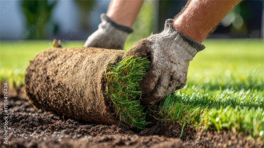 Fototapeta premium Gardener unrolling a sod roll on a prepared soil for a new lawn