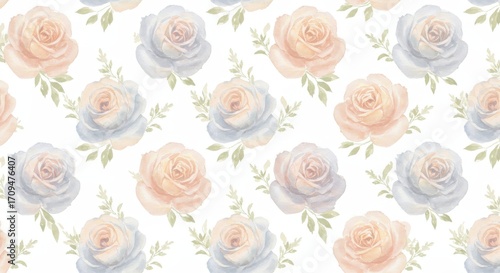 Watercolor Rose Pattern: Pastel Floral Design on White Background.