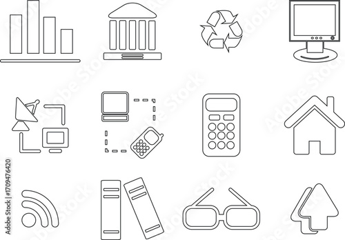 Line icons with business and technology symbols, white background, minimalist style, simple design, website and app design
