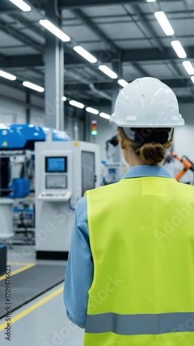 A female engineer safety vest hard hat modern factory industrial automation robotic technology inspection professional workplace productive atmosph