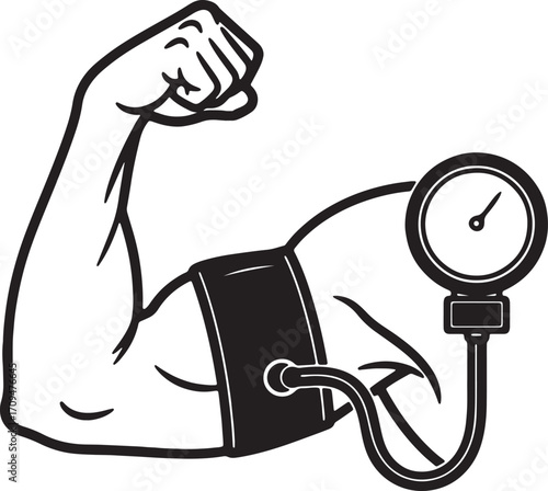 Strong bicep with blood pressure cuff, on white background, black and white illustration, healthcare concept