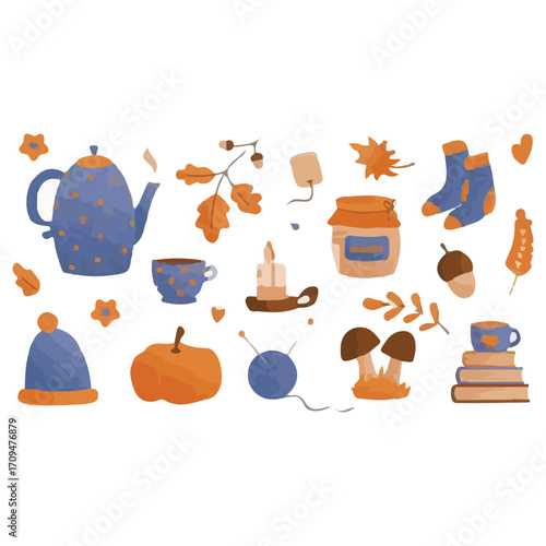 Vector illustration of a kitchen and tea set with coffee icons and other kitchen utensils