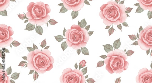 Watercolor Rose Pattern on White Background Floral Design.