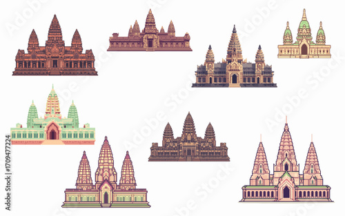 Pixel Art Set of Southeast Asian Temples and Traditional Architecture