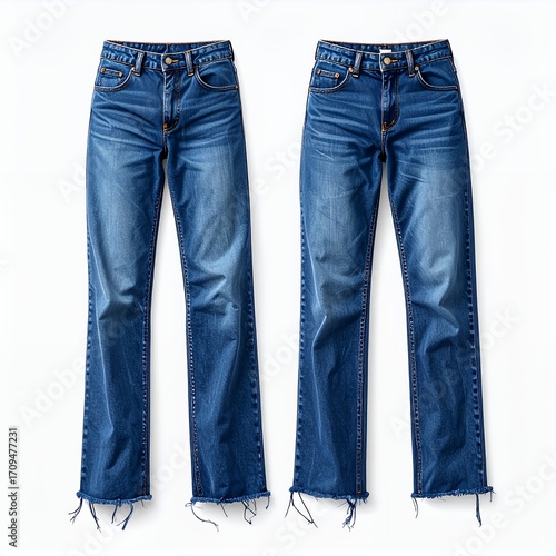 Denim duet: Two pairs of frayed hem jeans isolated on a pristine white backdrop