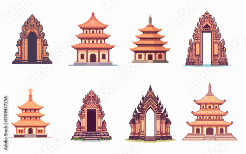 Pixel Art Collection of Traditional Asian Temples and Cultural Landmarks
