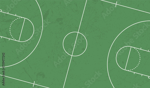 Green basketball court background with white line markings, grunge texture sports field design for athletic theme, game concept, and creative projects.