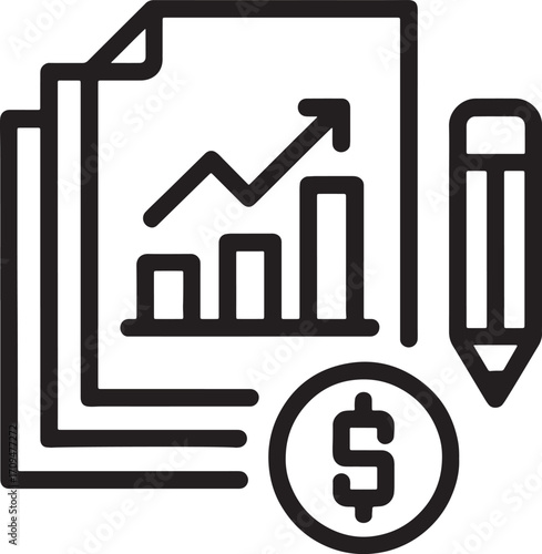 Financial report with upward trend graph, on white background, line art style, for business and finance concepts