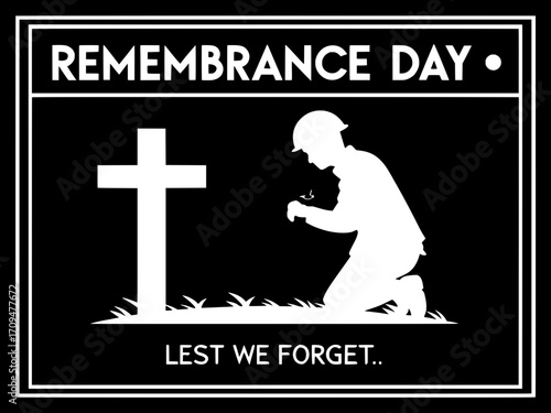 Black background with sharp white silhouette of a kneeling figure, slightly left of center, angled toward a white cross. Red poppy on the cross stands out as the only color. Vintage-style white letter