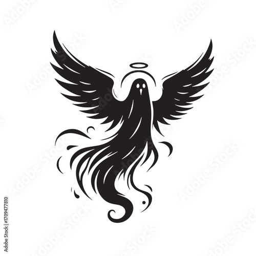 Black Ghost Flying Silhouette Vector Illustration design, Solid White Background