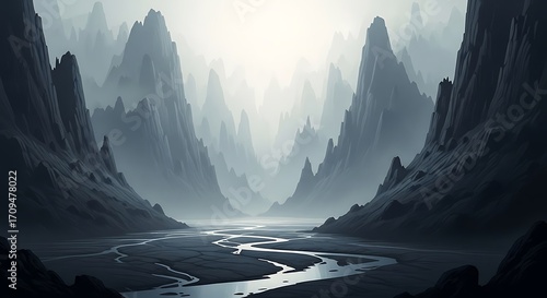 Misty Mountain Valley Landscape.