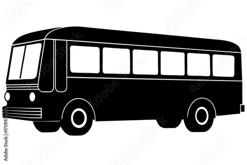 Black and white bus illustration on transparent background