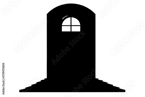 Silhouette of an arched doorway with steps leading up on transparent background