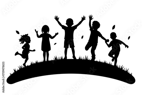 Children silhouettes playing happily on a grassy hill on transparent background