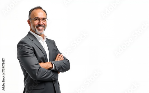 Smiling confident latin hispanic mature business man standing crossed arms isolated on white background. Older senior businessman professional ceo, coach, leader looking aside. Banner, copy space