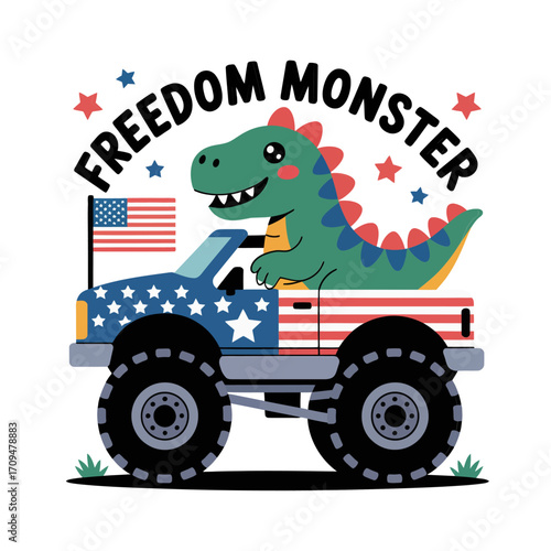 Freedom monster truck vector illustration, patriotic vehicle cartoon design, festive independence art, cheerful celebration graphics, liberty themed holiday elements