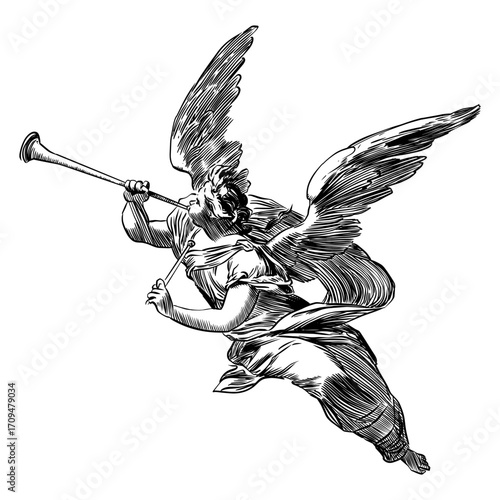 A black engraving-style vector illustration of a flying angel blowing a long trumpet.
