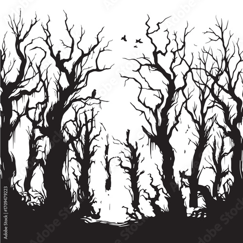 Black Haunted Forest Silhouette Vector Illustration design, Solid White Background