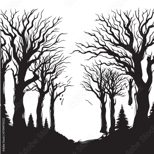 Black Haunted Forest Silhouette Vector Illustration design, Solid White Background