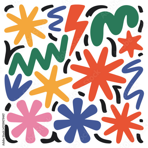 Playful Abstract Pattern Featuring Dynamic Hand-Drawn Stars, Squiggles, and Geometric Doodles in Bright, Joyful Colors