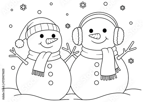 Snowman vector illustration of two smiling winter characters with hats scarves and carrot noses standing together in falling snow with earmuffs and buttons