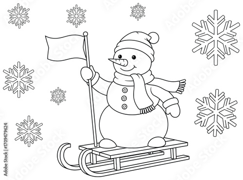 Snowman vector illustration of a cheerful winter character with hat scarf and carrot nose riding a wooden sled holding a waving flag among snowflakes