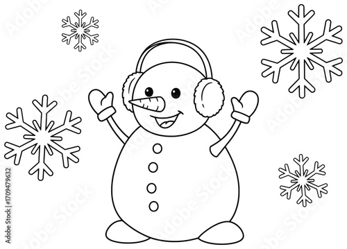 Snowman vector illustration of a joyful winter character with carrot nose buttons and scarf wearing earmuffs and mittens surrounded by large falling snowflakes