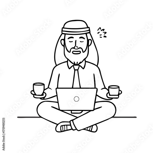 Crossed legged arab businessman meditating with coffee and laptop 2D line character. Workplace focus. Office worker calm posture isolated vector ink outline person. Monochromatic spot illustration See