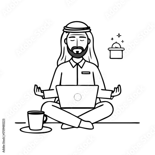 Crossed legged arab businessman meditating with coffee and laptop 2D line character. Workplace focus. Office worker calm posture isolated vector ink outline person. Monochromatic spot illustration See