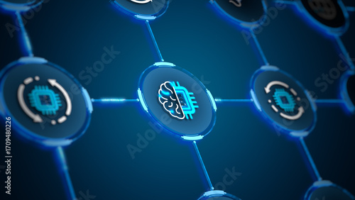 Artificial intelligence brain chip connected in a digital network system illustrating futuristic technology integration and smart data flow