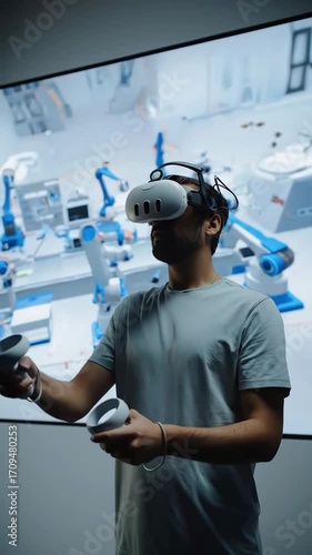 A man virtual reality headset controller simulation technology robotic factory immersive interactive digital automation industry, man wearing virt