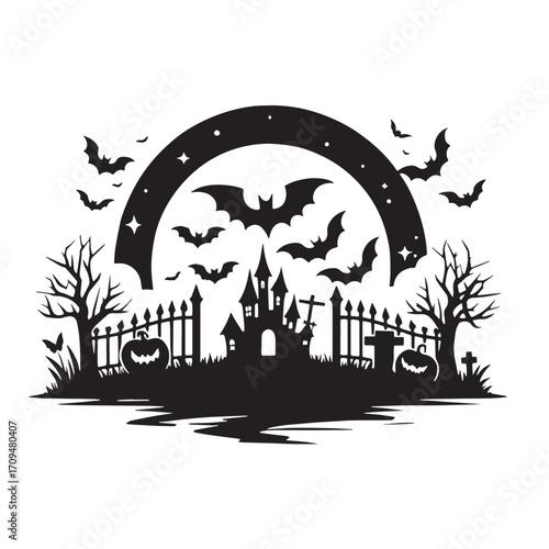 Black Halloween Banner Silhouette Vector Illustration design, Solid White Background