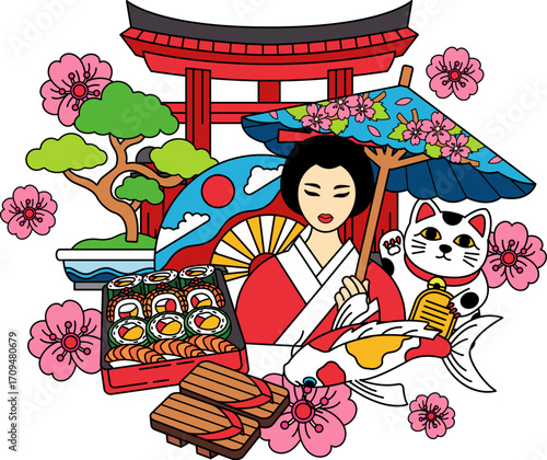 A woman holding an umbrella standing in front of torii gate with Japan elements