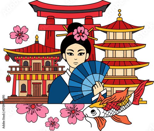 A Japanese woman in kimono in front of a torii gate surrounded by cherry blossoms.