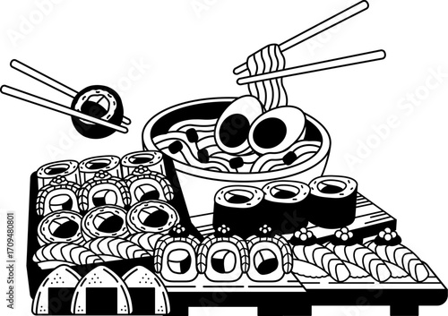 black and white Japanese food, ramen, sushi, bento, and rice balls