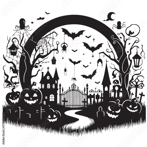 Black Halloween Banner Silhouette Vector Illustration design, Solid White Background