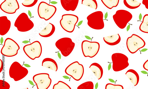 Seamless apple pattern with whole fruits, halves, and slices. apple pattern. apple on transparent background.