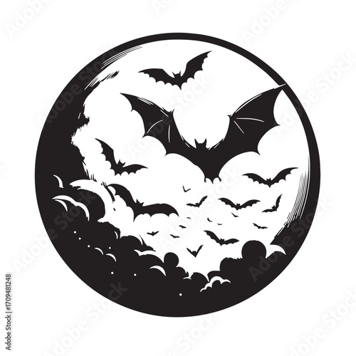 Black Full Moon with Bats Silhouette Vector Illustration design, Solid White Background